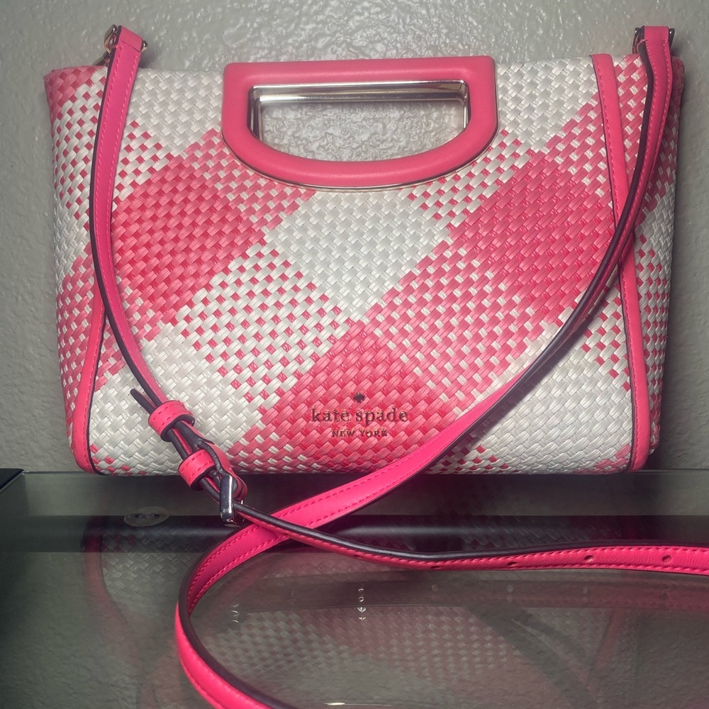 Kate Spade Pink and White Checkered Woven Clutch